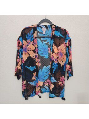 Chicos Sheer Floral Black Kimono Cardigan With Tassel Hem Small